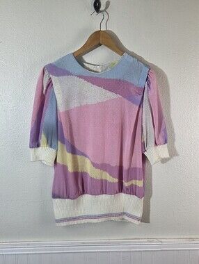 Vintage Leslie Fay Pastel Geometric Blouse Womens 14 Pink Purple Retro 80s USA